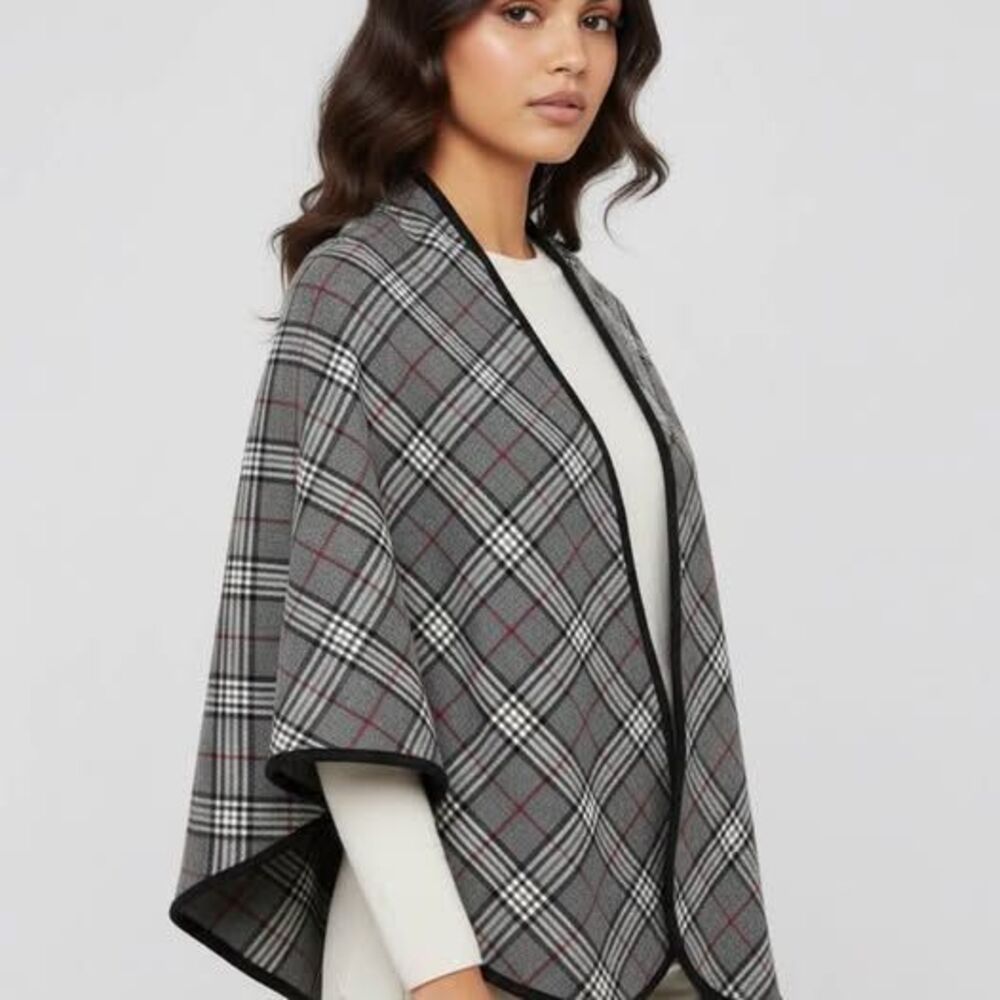V. FRAAS Womens Red Black Plaid Cape Wrap Shawl Open Front Once Size Fits Most